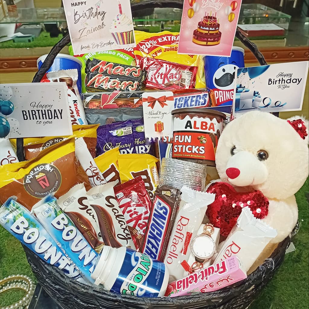 Luxury Birthday Gift with Teddy, Watch, Chocolates & Snacks