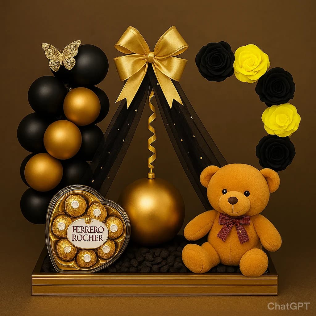 Luxury Ferrero Rocher & Teddy Bear Basket–Black & Gold Theme