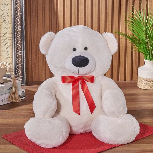 White Teddy Bear Red Ribbon