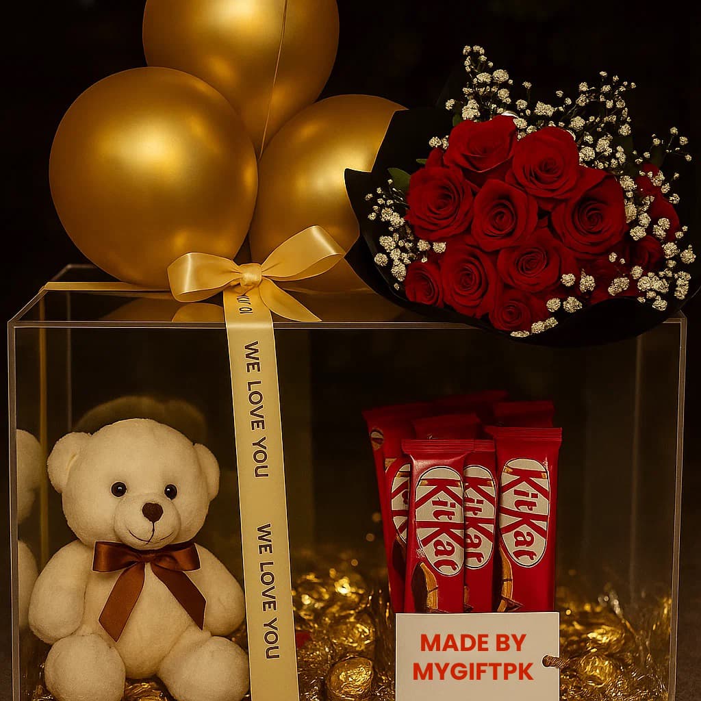Luxury Gift Box with Teddy, Red Roses & Chocolates 1