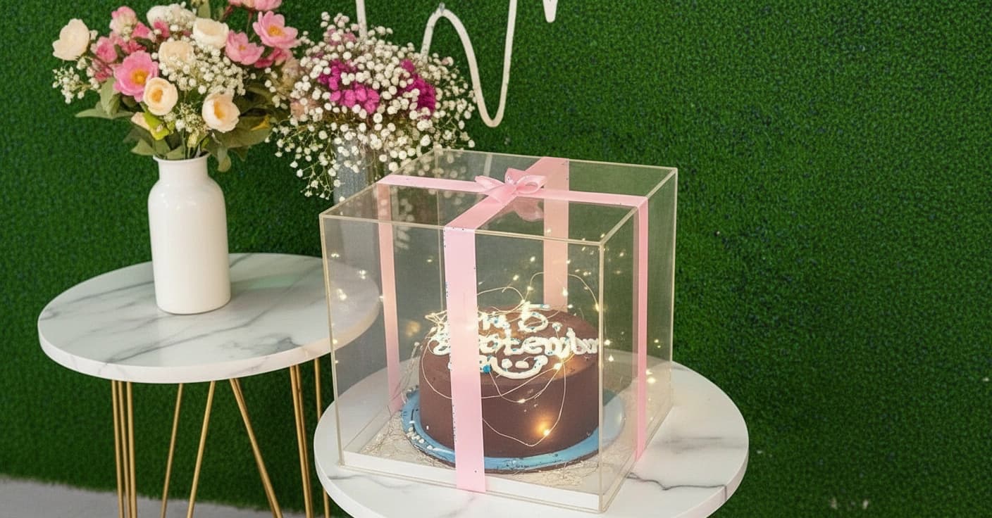 Elegant Chocolate Birthday Cake in Acrylic Gift Box – Pink Ribbon