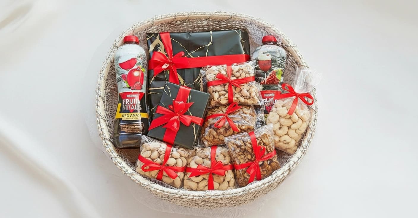 Premium Dry Fruit & Juice Gift Basket – Luxury Red Ribbon Edition