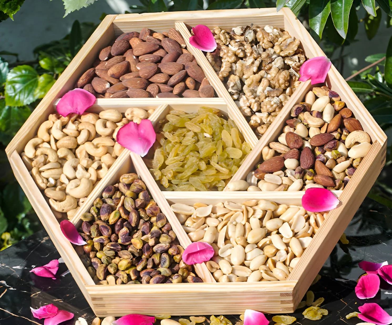 Hexagonal - Shaped Dry Fruits Wooden Box with Mixed Nuts